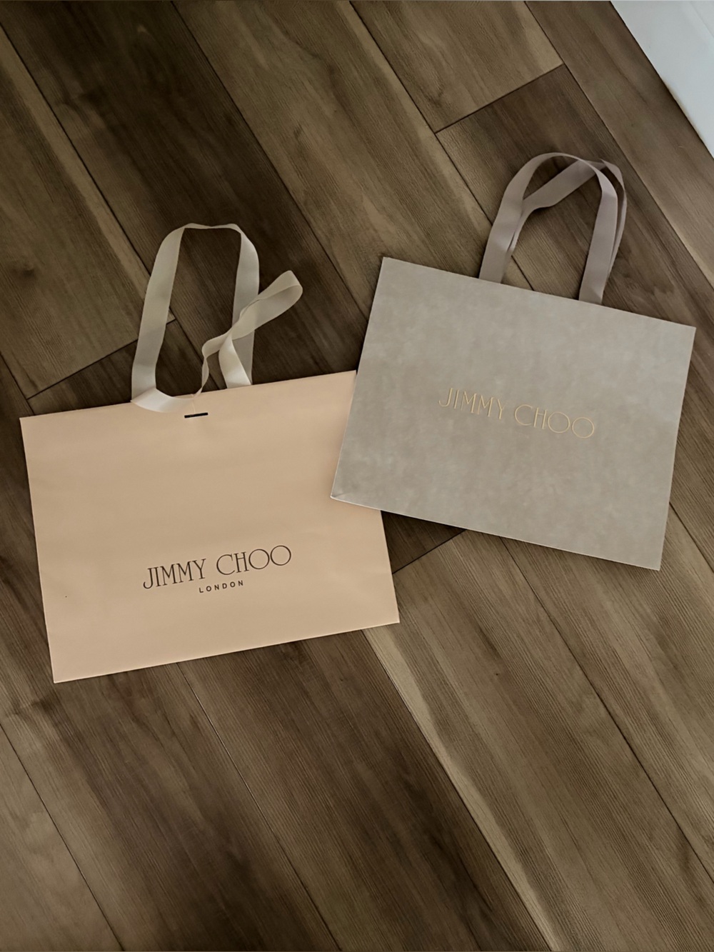Jimmy Choo Beige and Taupe Paper Bags with Ribbon Handles